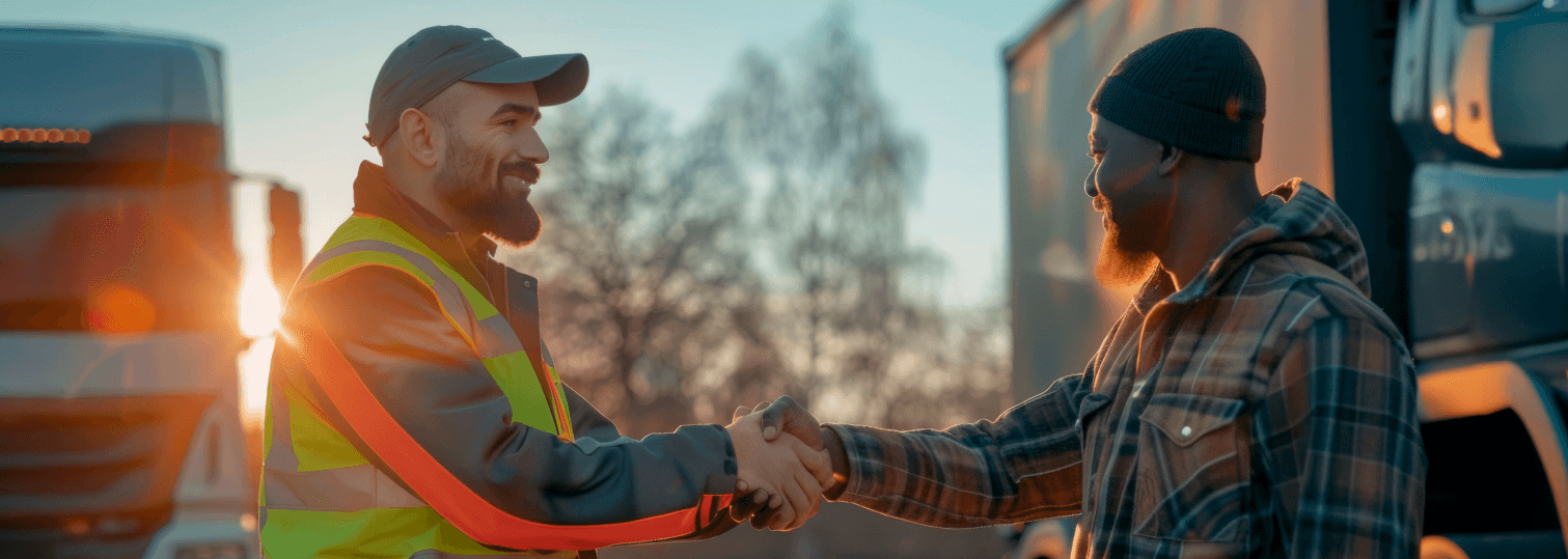 Two people shaking hands at sunset